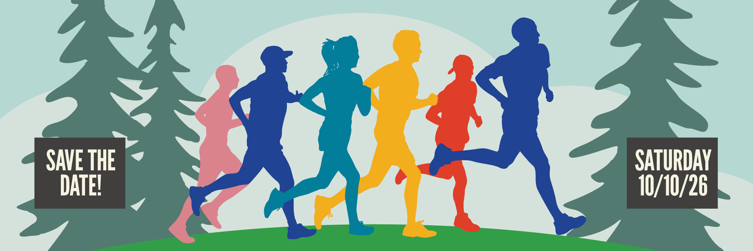 An illustration showing a group of runners silhouetted against a blue sky with clouds.
